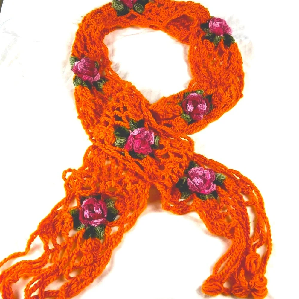 Vintage extra long Crochet rose scarf extra long
